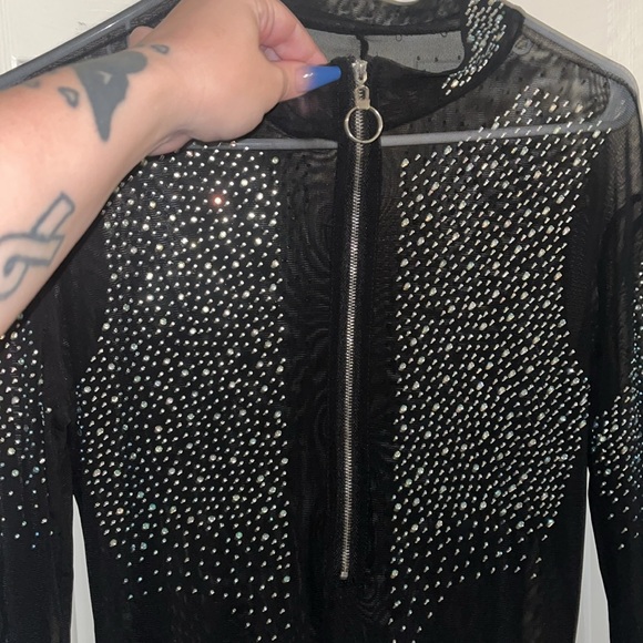 Women’s long sleeve, biker short, 1 piece sheer bodysuit with rhinestones - Picture 6 of 16